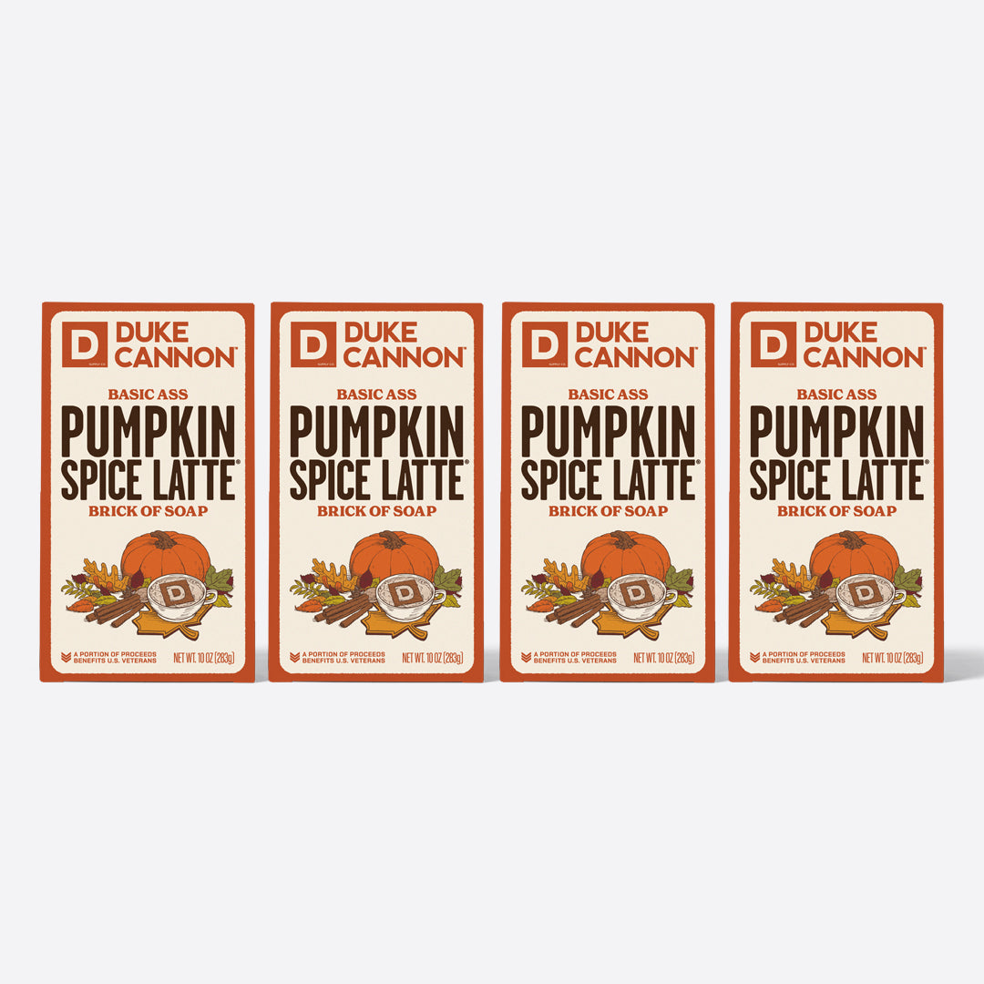 Four Duke Cannon Pumpkin Spice Latte soap packages on a white background