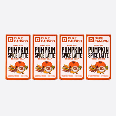 Four Boxes of Duke Cannon Pumpkin Spice Latte soap on a white background