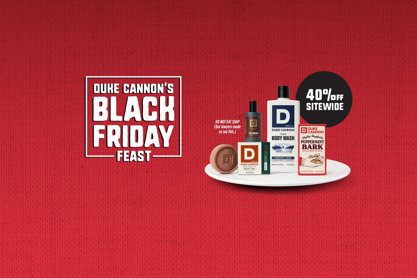 Duke Cannon Black Friday promotion with product display on a red background. 40% off sitewide.