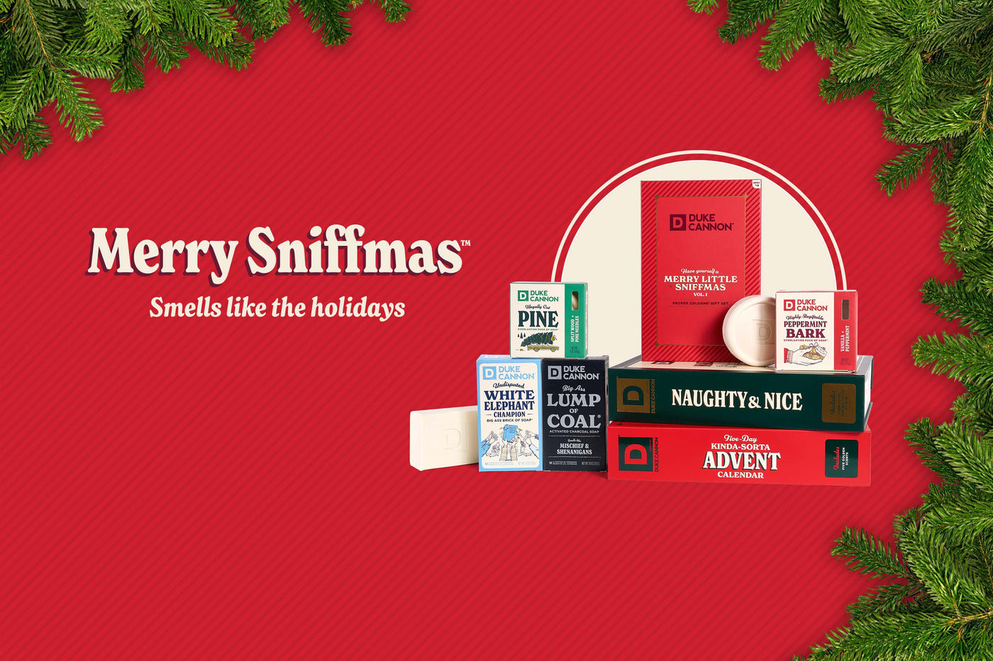 Collection of Christmas-themed products on a red background with 'Merry Sniffmas' text. Smells like the holidays.