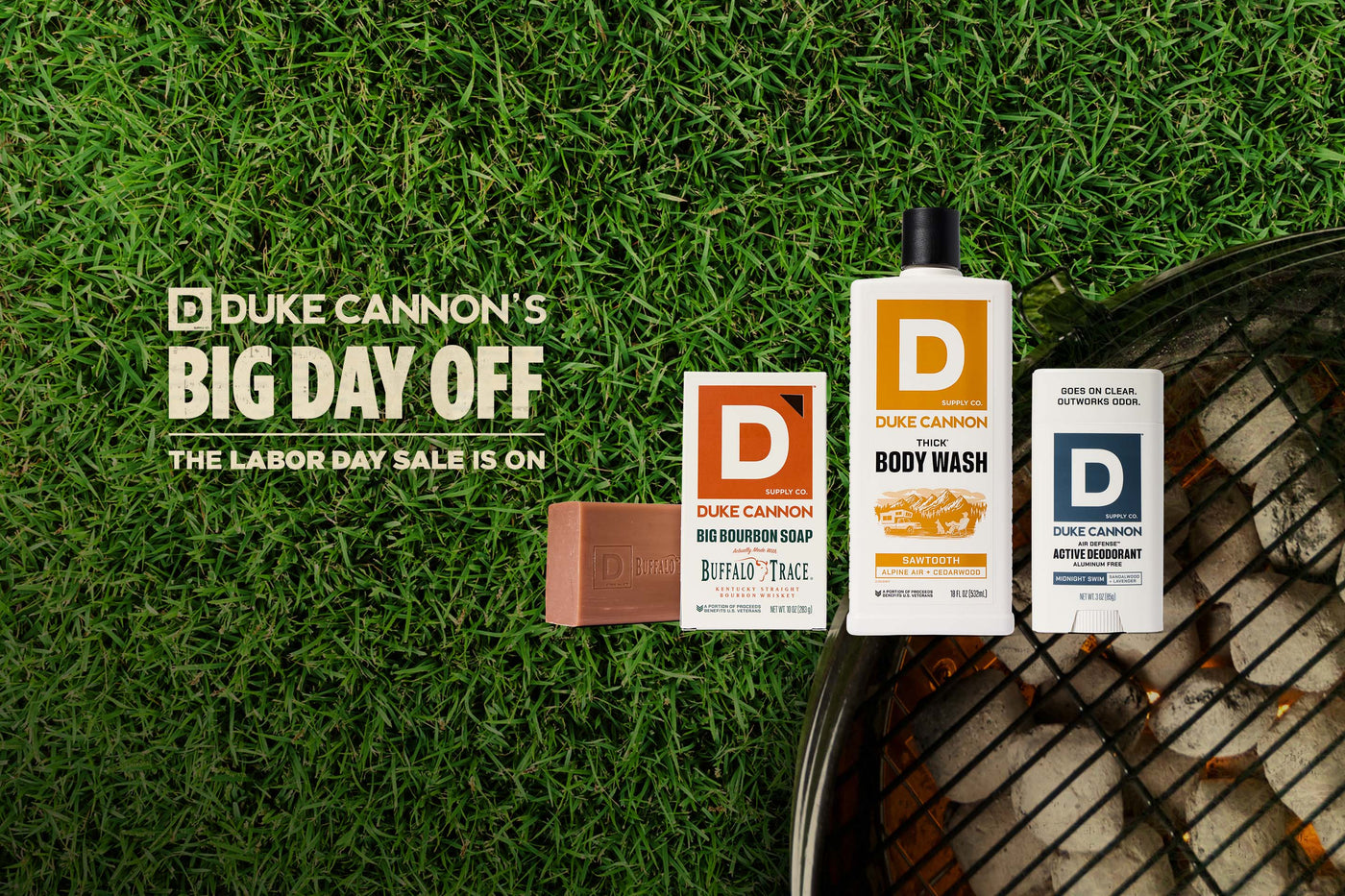 Duke Cannon products on grass with 'Big Day Off' sale text