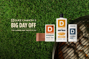 Duke Cannon products on grass with 'Big Day Off' sale text