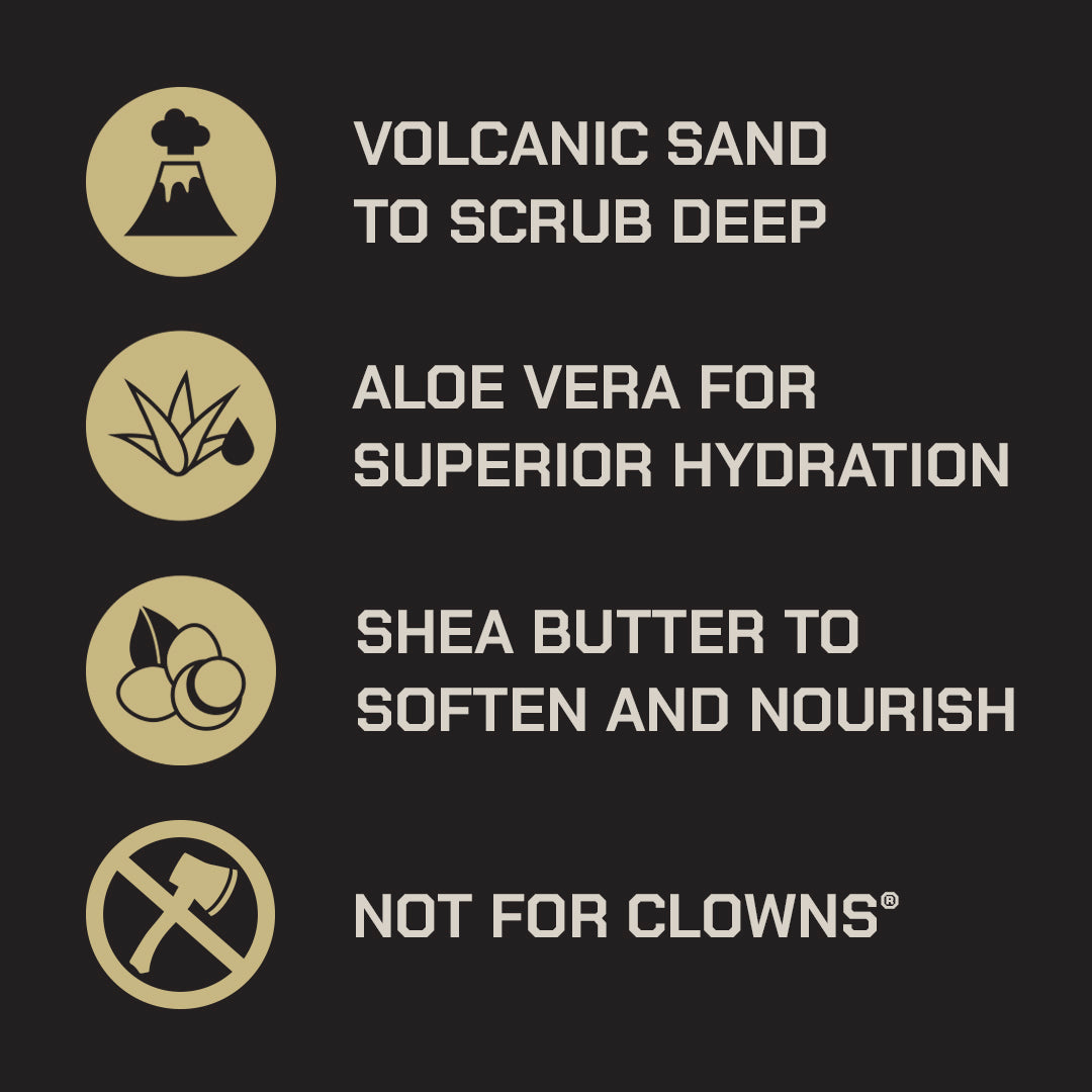 Heavy Grit Deep Cleaning product features: Volcanic sand for deep scrubbing, aloe vera for hydration, shea butter to soften and nourish, and 'Not for Clowns' tagline. Icons represent each benefit.