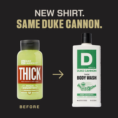 Duke Cannon Thick Body Wash High Country before and after packaging update. Same product, new look.