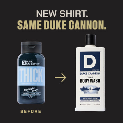 Duke Cannon Thick Body Wash Midnight Swim before and after packaging update. Same product, new look.