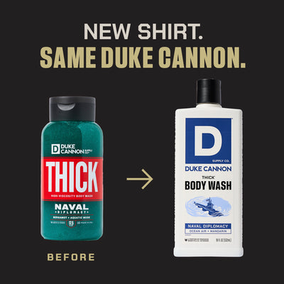 Duke Cannon Thick Body Wash Naval Diplomacy before and after packaging update. Same product, new look.