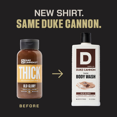 Duke Cannon Thick Body Wash Old Glory before and after packaging update. Same product, new look.