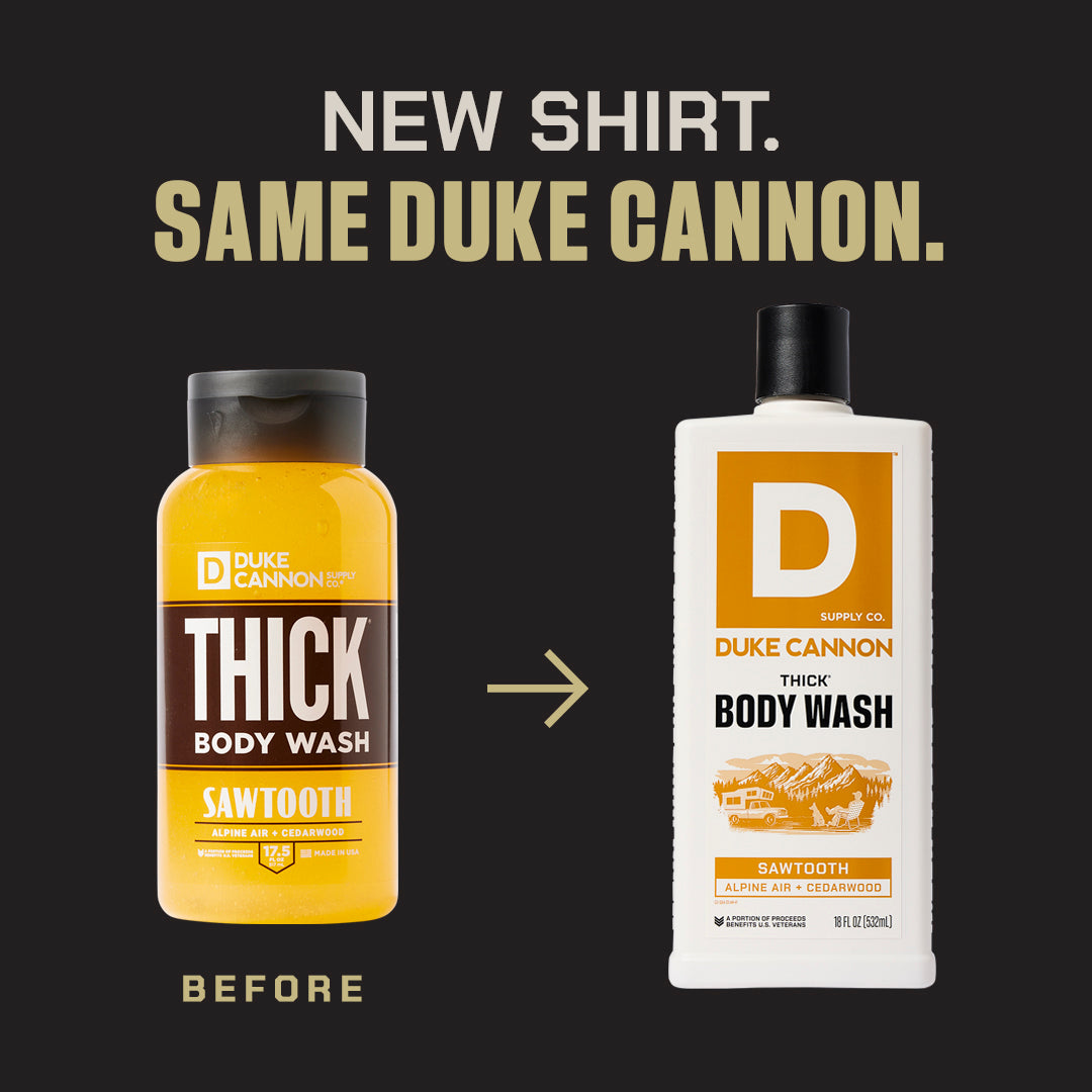 Duke Cannon Thick Body Wash Sawtooth before and after packaging update. Same product, new look.