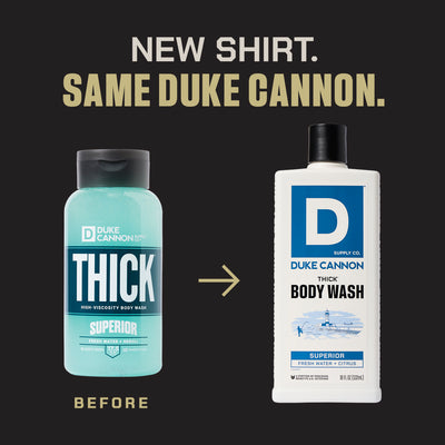 Duke Cannon Thick Body Wash Superior before and after packaging update. Same product, new look.