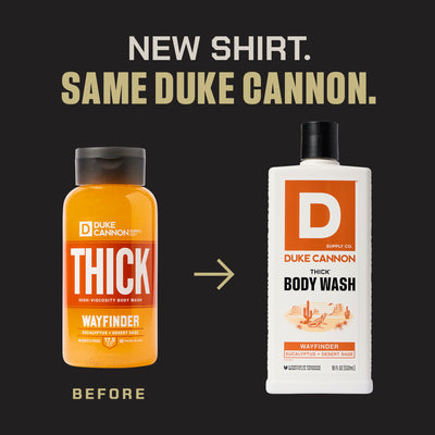 Duke Cannon Thick Body Wash Wayfinder before and after packaging update. Same product, new look.