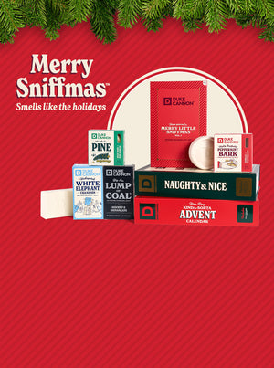 Collection of Christmas-themed products on a red background with 'Merry Sniffmas' text. Smells like the holidays.