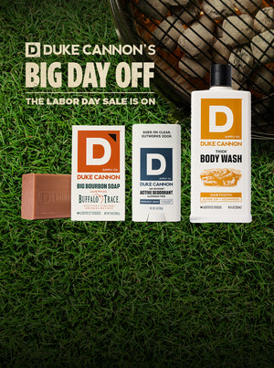 Duke Cannon products on grass with 'Big Day Off' sale text