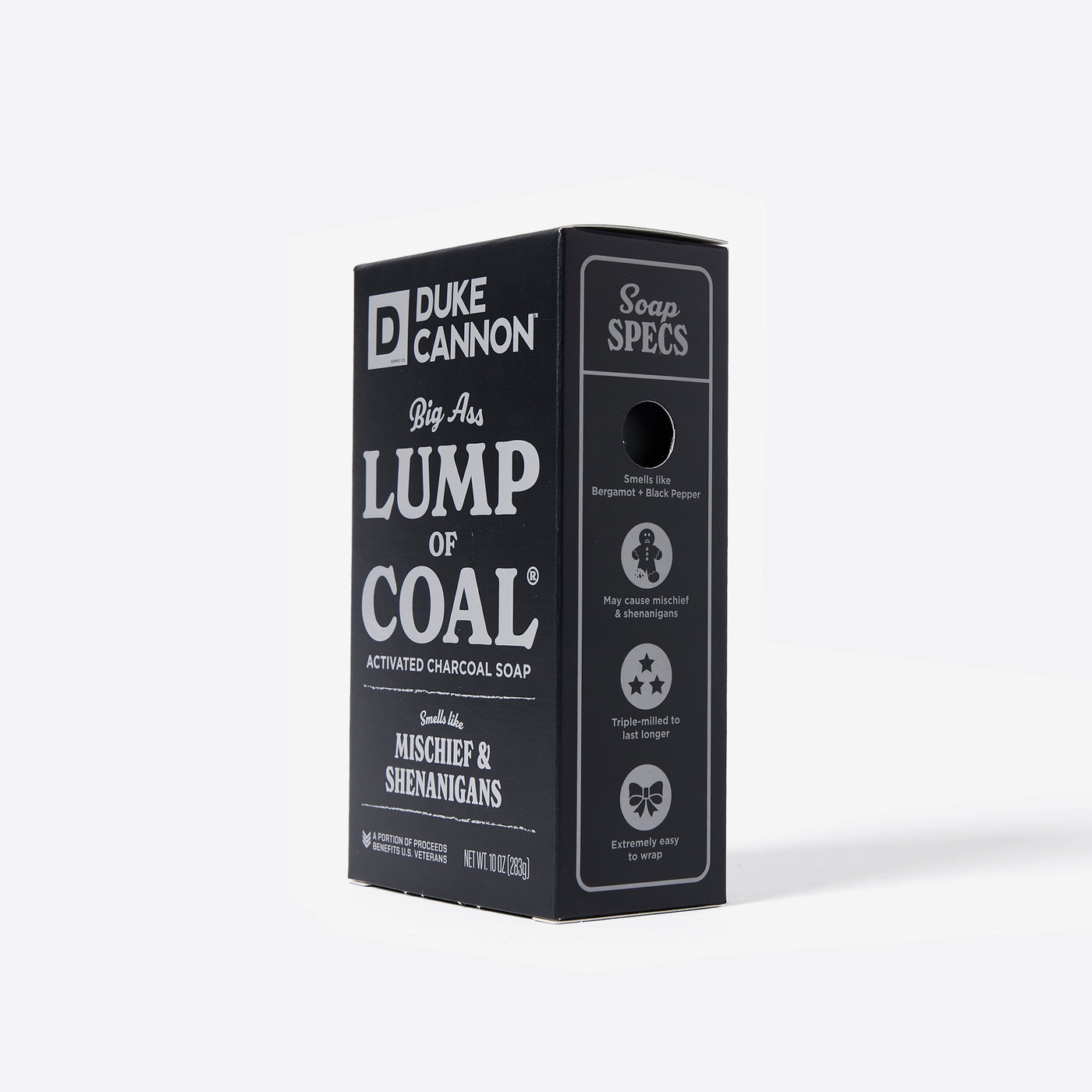 Big Ass Brick of soap inside of its packaging with 'Duke Cannon' branding on a white background. Big Ass Lump of Coal. With the soap specs on the side.