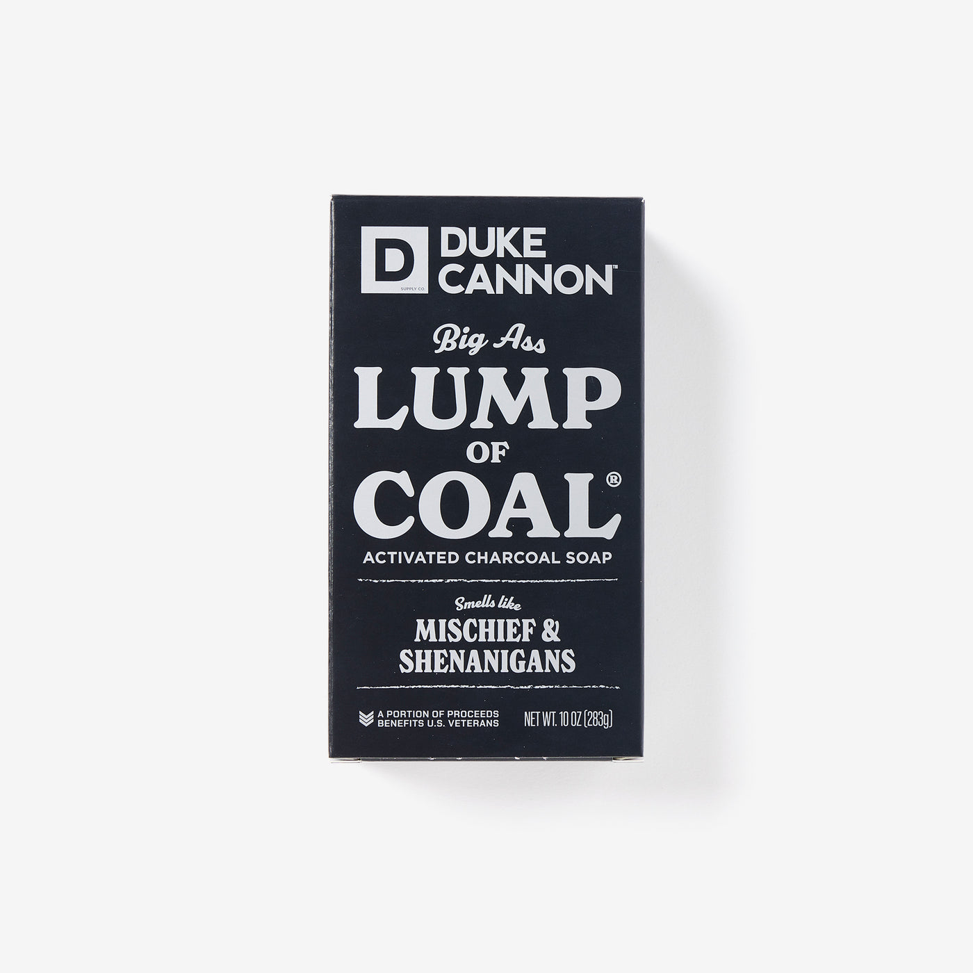Big Ass Brick of soap inside of its packaging with 'Duke Cannon' branding on a white background. Big Ass Lump of Coal.