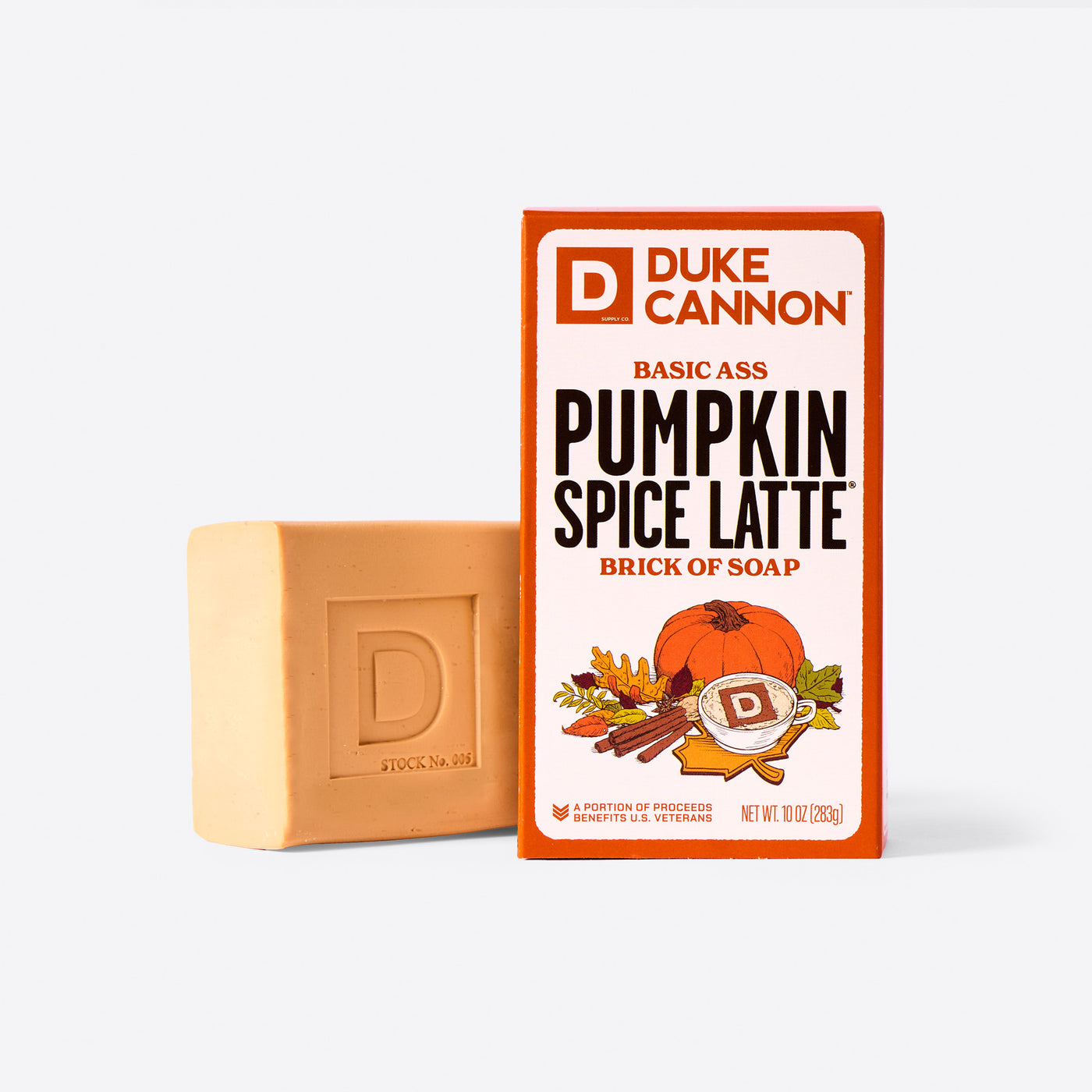 Bar of soap and packaging of Duke Cannon Pumpkin Spice Latte soap on a white background