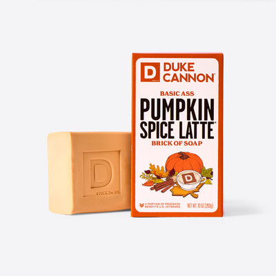 Bar of soap and packaging of Duke Cannon Pumpkin Spice Latte soap on a white background