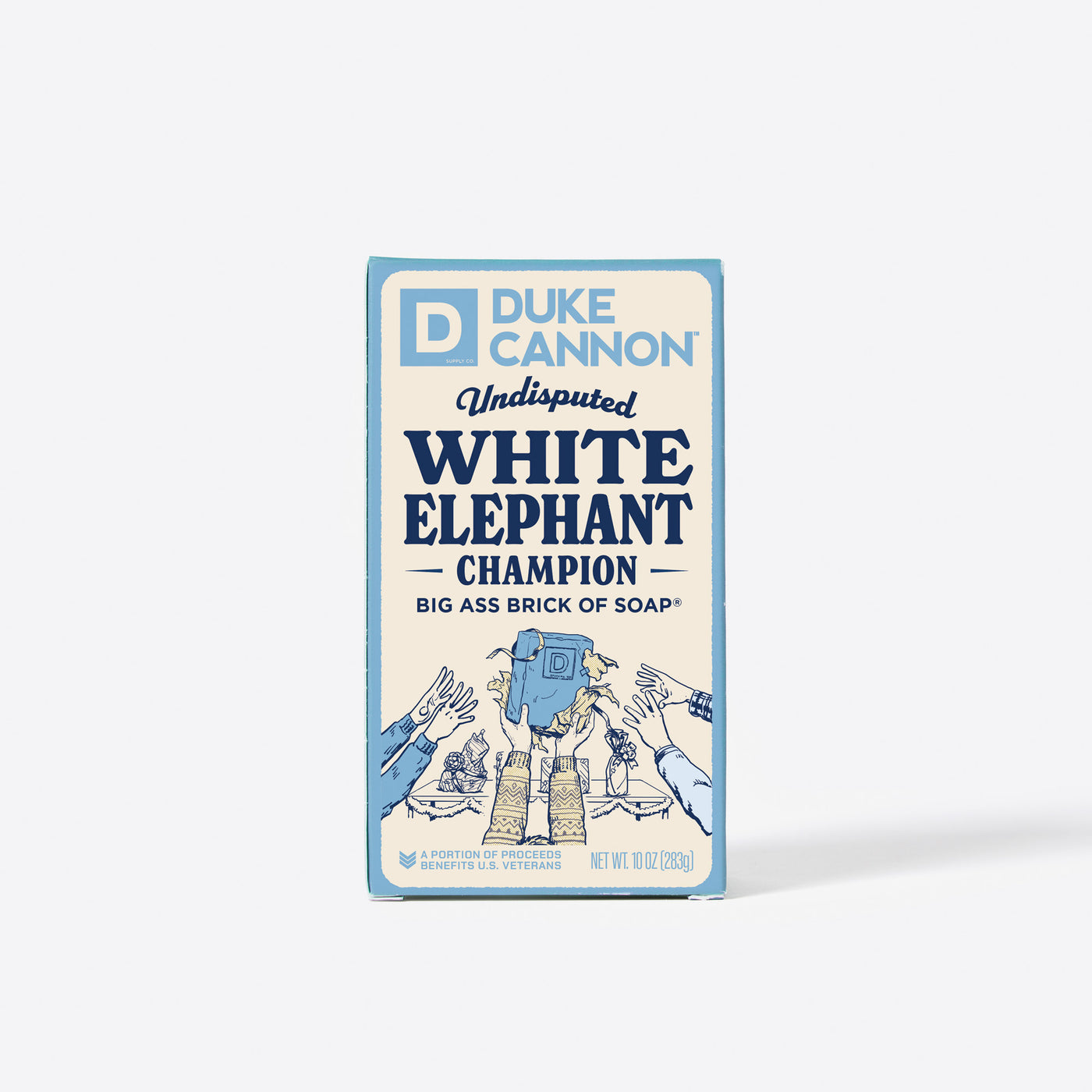 Big Ass Brick of soap inside of its packaging with 'Duke Cannon' branding on a white background. Undisputed White Elephant Champion.