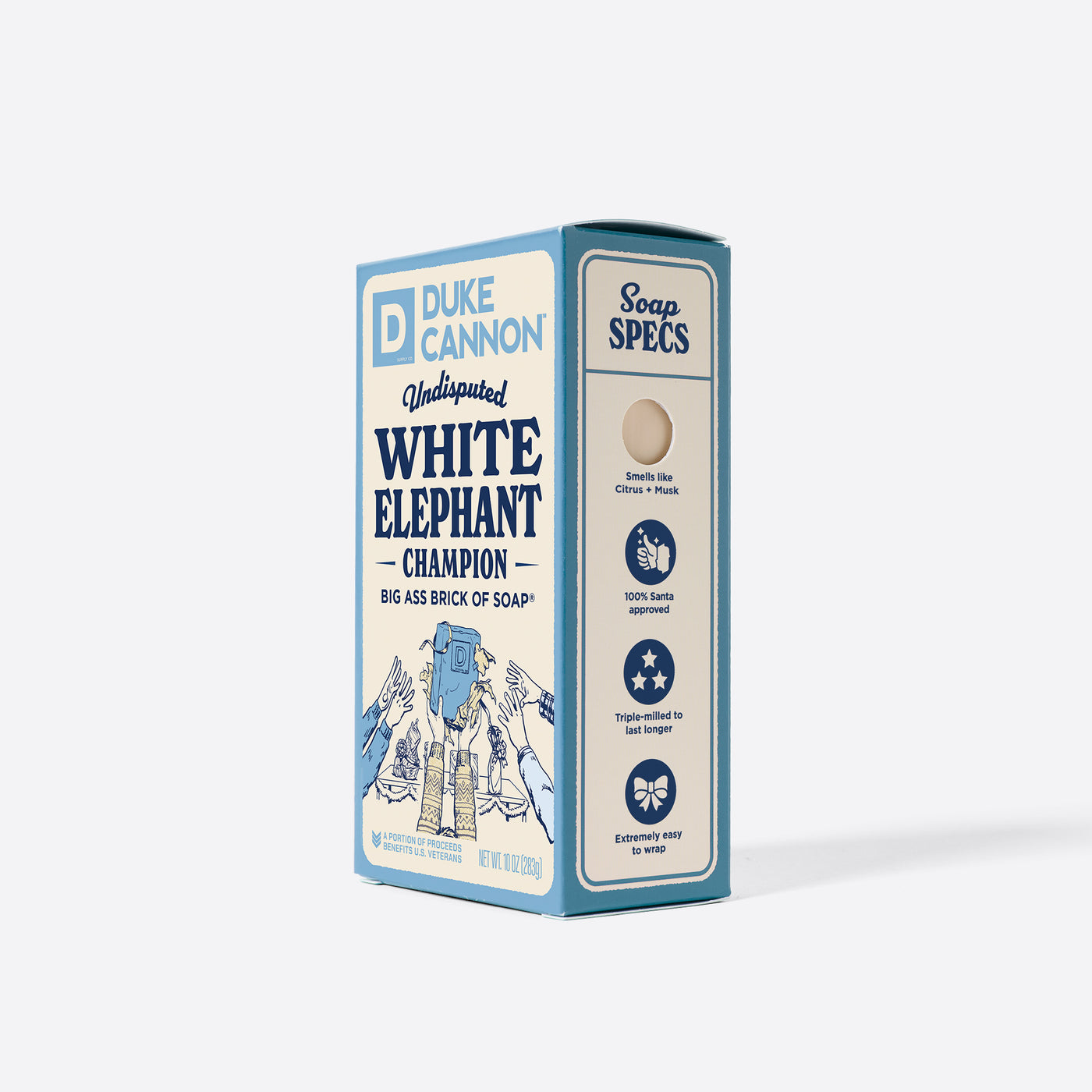 Big Ass Brick of soap inside of its packaging with 'Duke Cannon' branding on a white background. Undisputed White Elephant Champion. With the soap specs on the side.