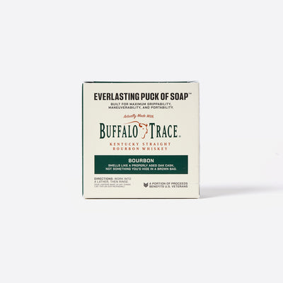Box of Everlasting Puck of Soap with Buffalo Trace branding on a white background.