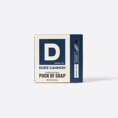 Duke Cannon soap packaging on a white background. Midnight Swim.
