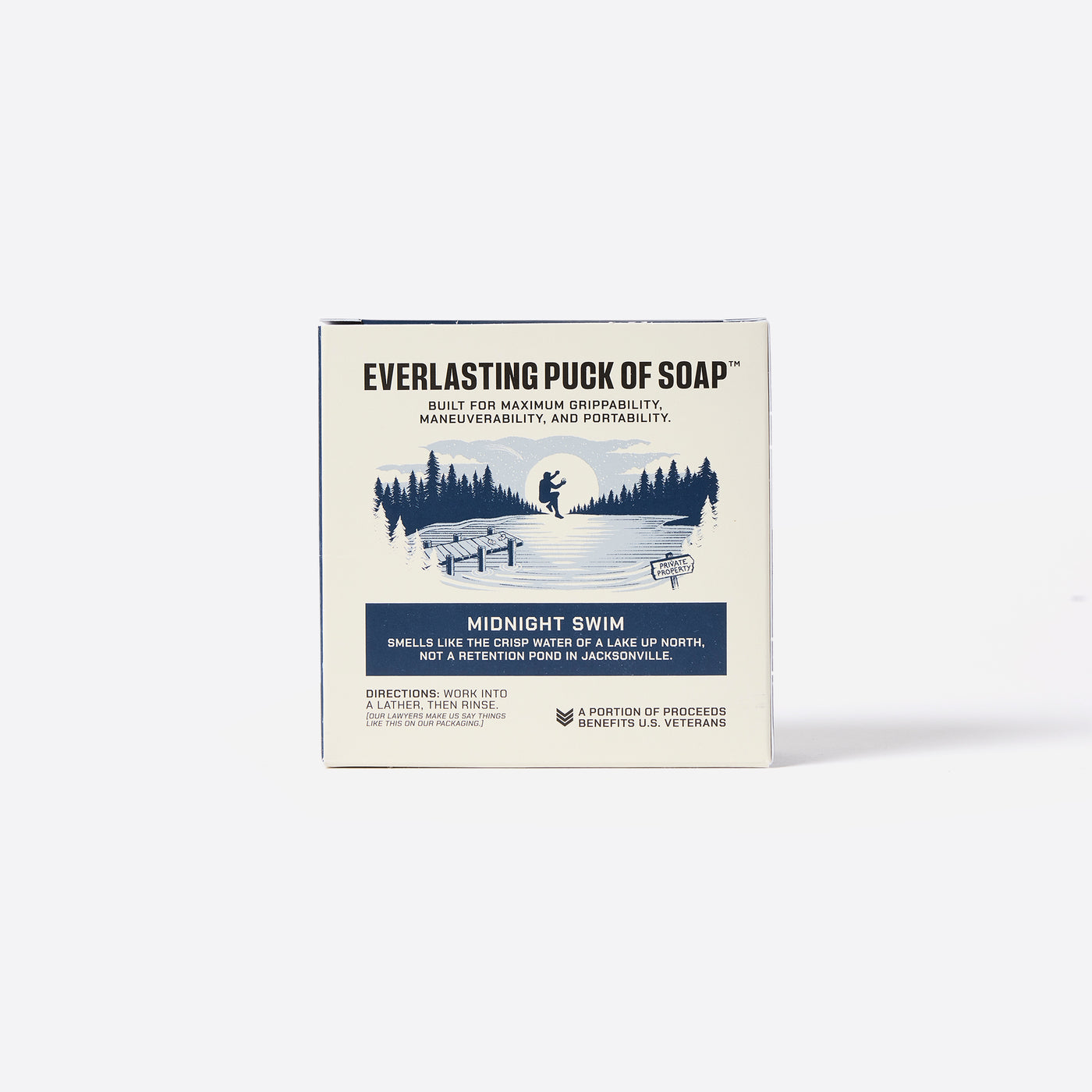 Everlasting Puck of Soap packaging with a scenic illustration on a white background. Everlasting Puck of Soap. Built for Maximum grippability, maneuverability and portability.