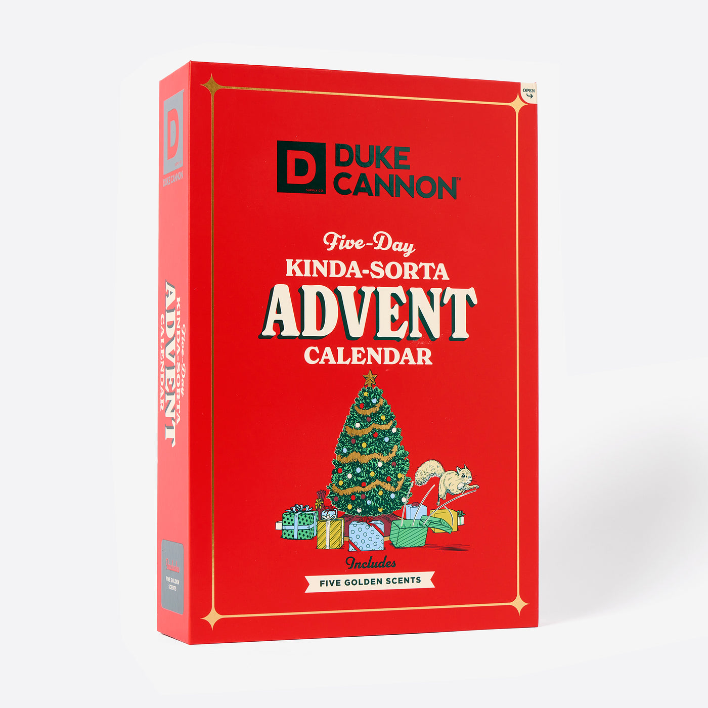 Red Duke Cannon Kinda-Sorta advent calendar box with Christmas tree and gift illustrations on a white background.