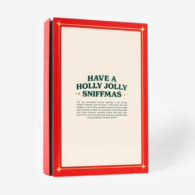 The back of the Duke Cannon Kinda-Sorta advent calendar box with Christmas tree and gift illustrations on a white background. Says, "Have a Holly Jolly Sniffmas"