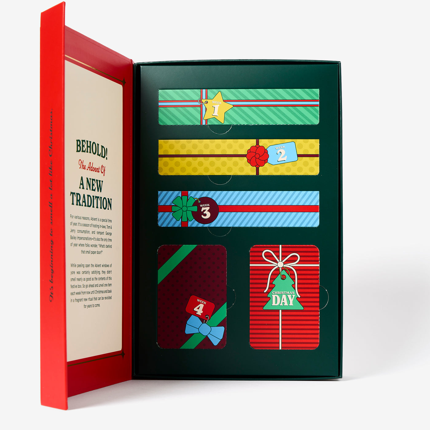 The inside of the Duke Cannon Kinda-Sorta advent calendar box with Christmas tree and gift illustrations on a white background.
