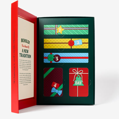The inside of the Duke Cannon Kinda-Sorta advent calendar box with Christmas tree and gift illustrations on a white background.