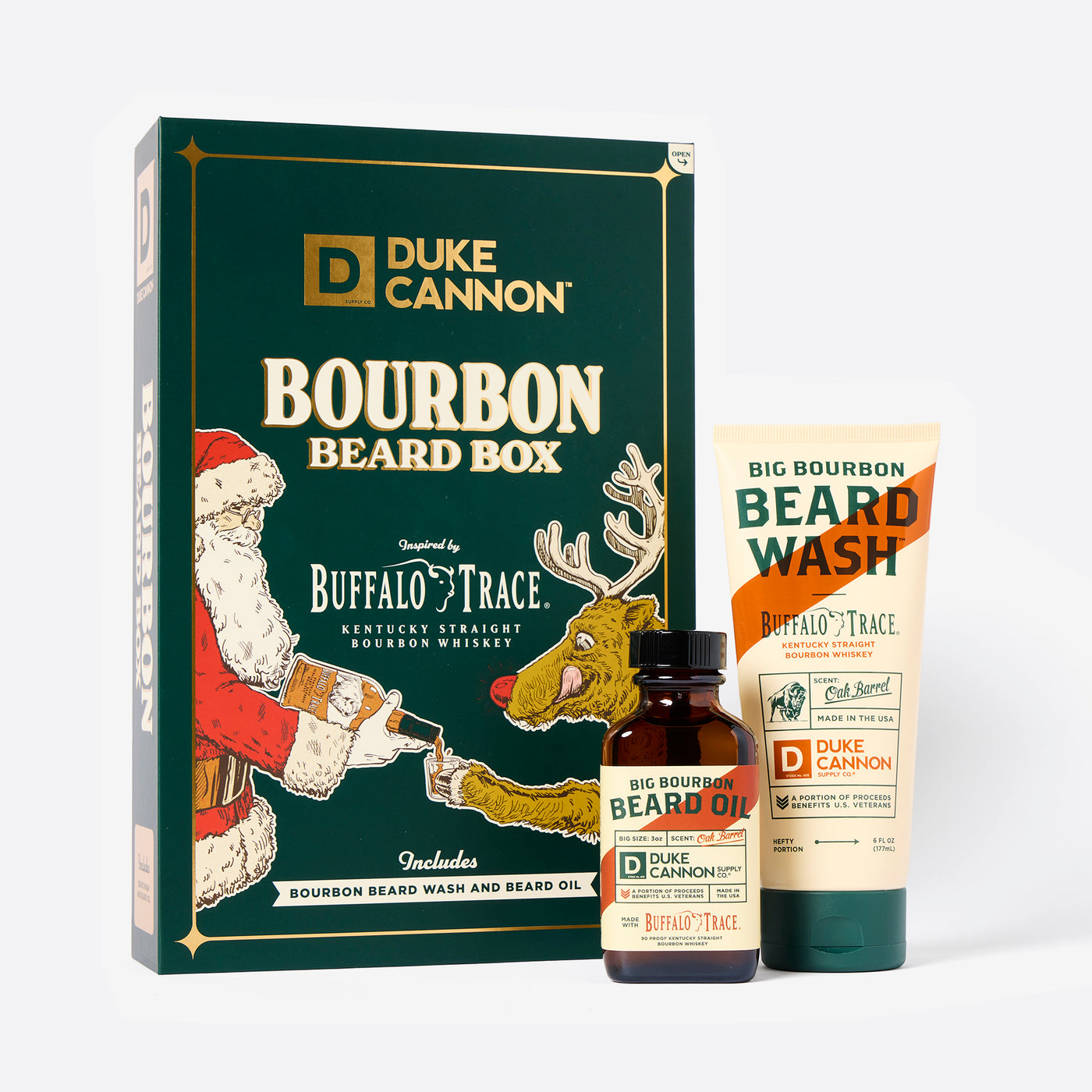 Duke Cannon Bourbon Beard Box with beard wash and oil on a white background. Inspired by Buffalo Trace Kentucky Straight Bourbon Whiskey.