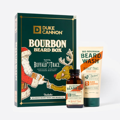 Duke Cannon Bourbon Beard Box with beard wash and oil on a white background. Inspired by Buffalo Trace Kentucky Straight Bourbon Whiskey.