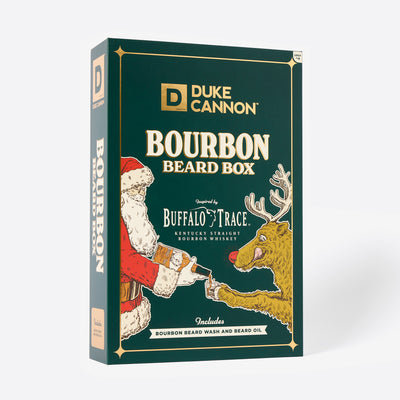 Duke Cannon Bourbon Beard Box with beard wash and oil on a white background. Inspired by Buffalo Trace Kentucky Straight Bourbon Whiskey.