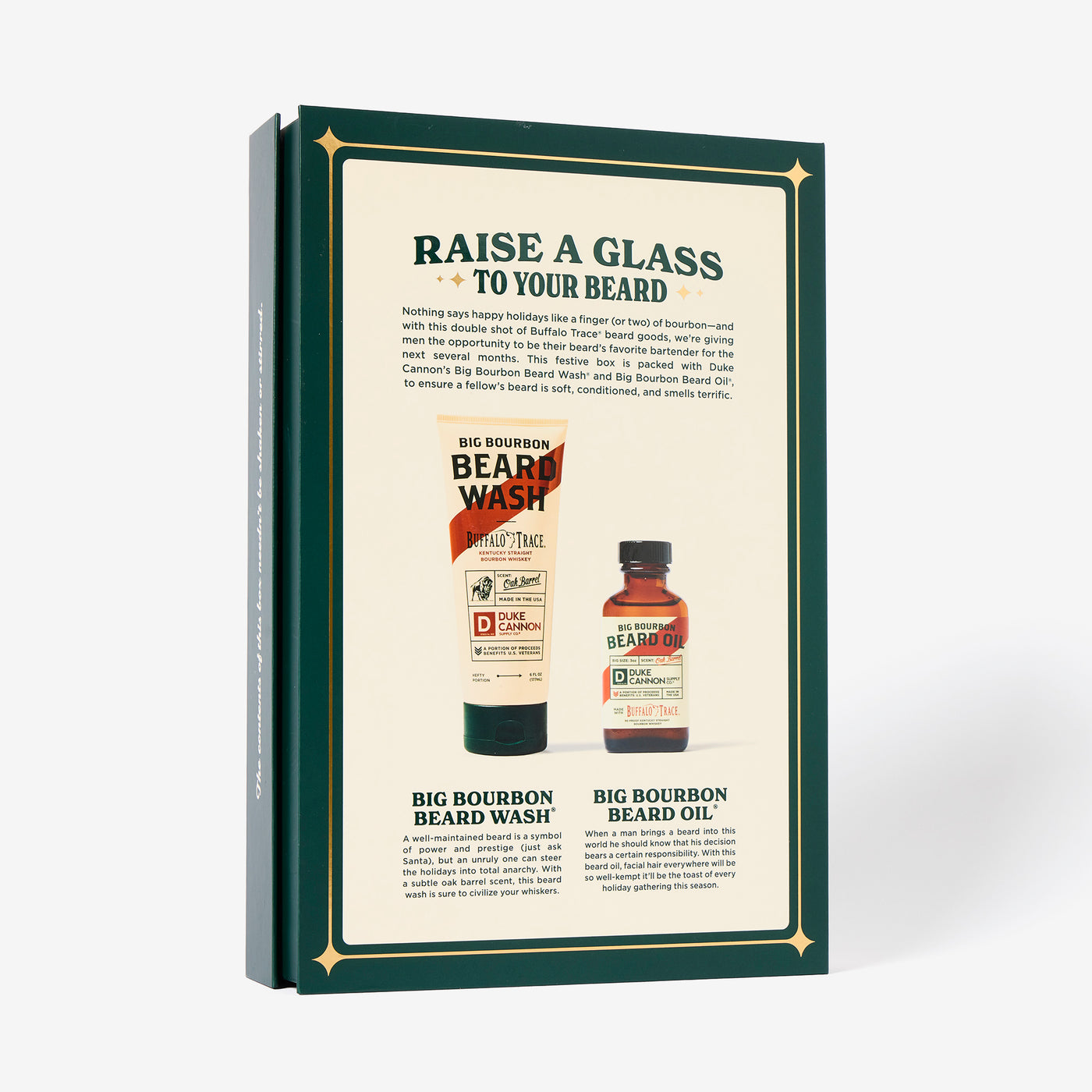 The back of the Bourbon Beard Box with beard wash and oil on a white background. Inspired by Buffalo Trace Kentucky Straight Bourbon Whiskey.