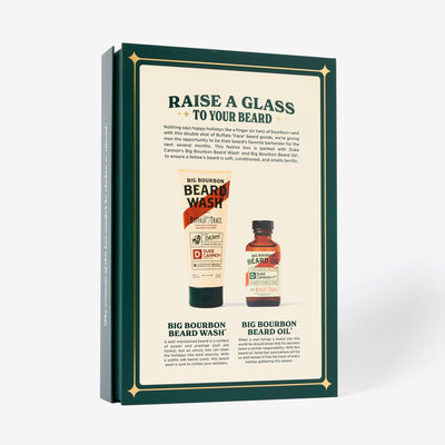The back of the Bourbon Beard Box with beard wash and oil on a white background. Inspired by Buffalo Trace Kentucky Straight Bourbon Whiskey.