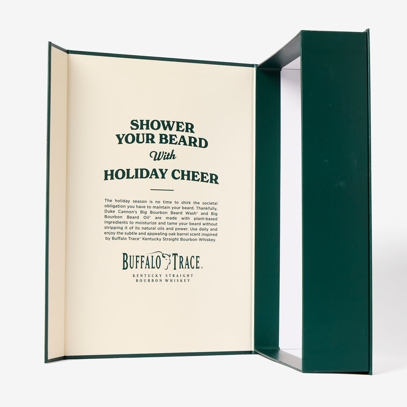 Shower your beard with holiday cheer. The inside page of the Bourbon Beard Box with beard wash and oil on a white background.