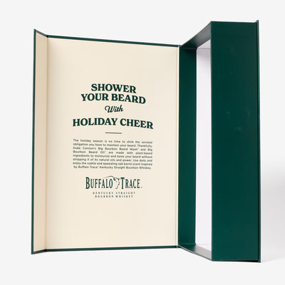 Shower your beard with holiday cheer. The inside page of the Bourbon Beard Box with beard wash and oil on a white background.