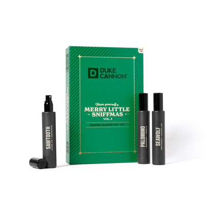 Green Holiday Book cologne gift set called Merry Little Sniffmas Vol. 2. It includes a Palomino, Seawolf and Sawtooth cologne ration.