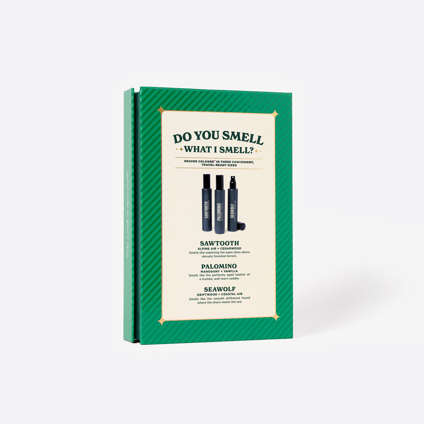 The back of the Green Holiday Book cologne gift set called Merry Little Sniffmas Vol. 2. It includes a Palomino, Seawolf and Sawtooth cologne ration. The back reads, 
