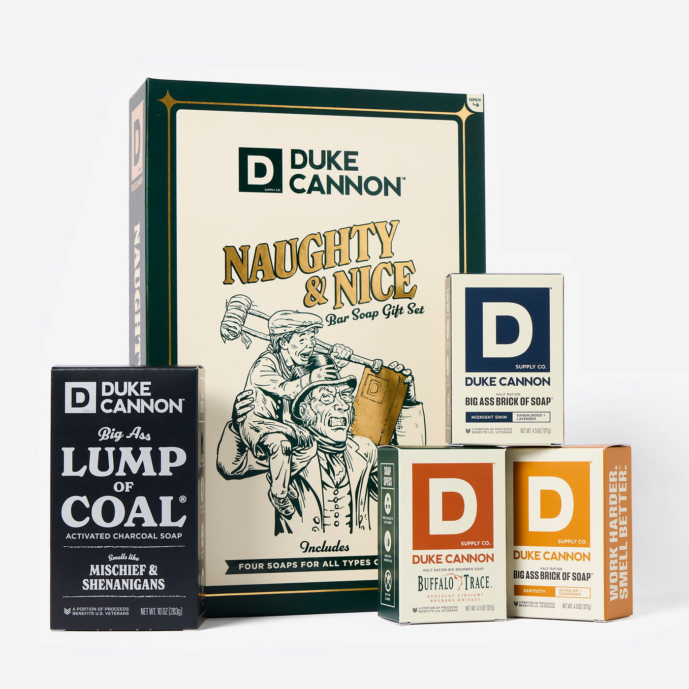 Duke Cannon Naughty & Nice Bar Soap Gift Set with a Lump of Coal Bar, a  Midnight Swim Bar, a Sawtooth Bar and a Buffalo Trace Bourbon bar on a white background.