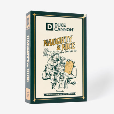 Duke Cannon Naughty & Nice Bar Soap Gift Set with a Lump of Coal Bar, a  Midnight Swim Bar, a Midnight Swim Bar and a Buffalo Trace Bourbon bar on a white background.