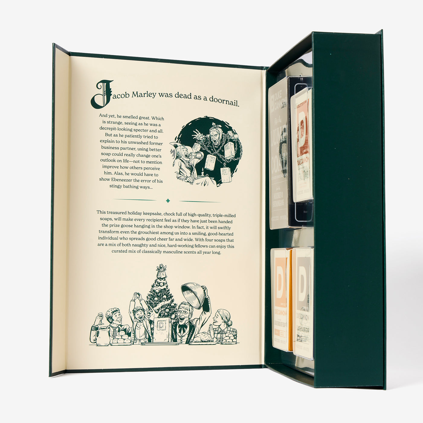 Open Naughty & Nice book that says 'Jacob Marley was dead as a doornail' with the 4 bricks of soap inside.