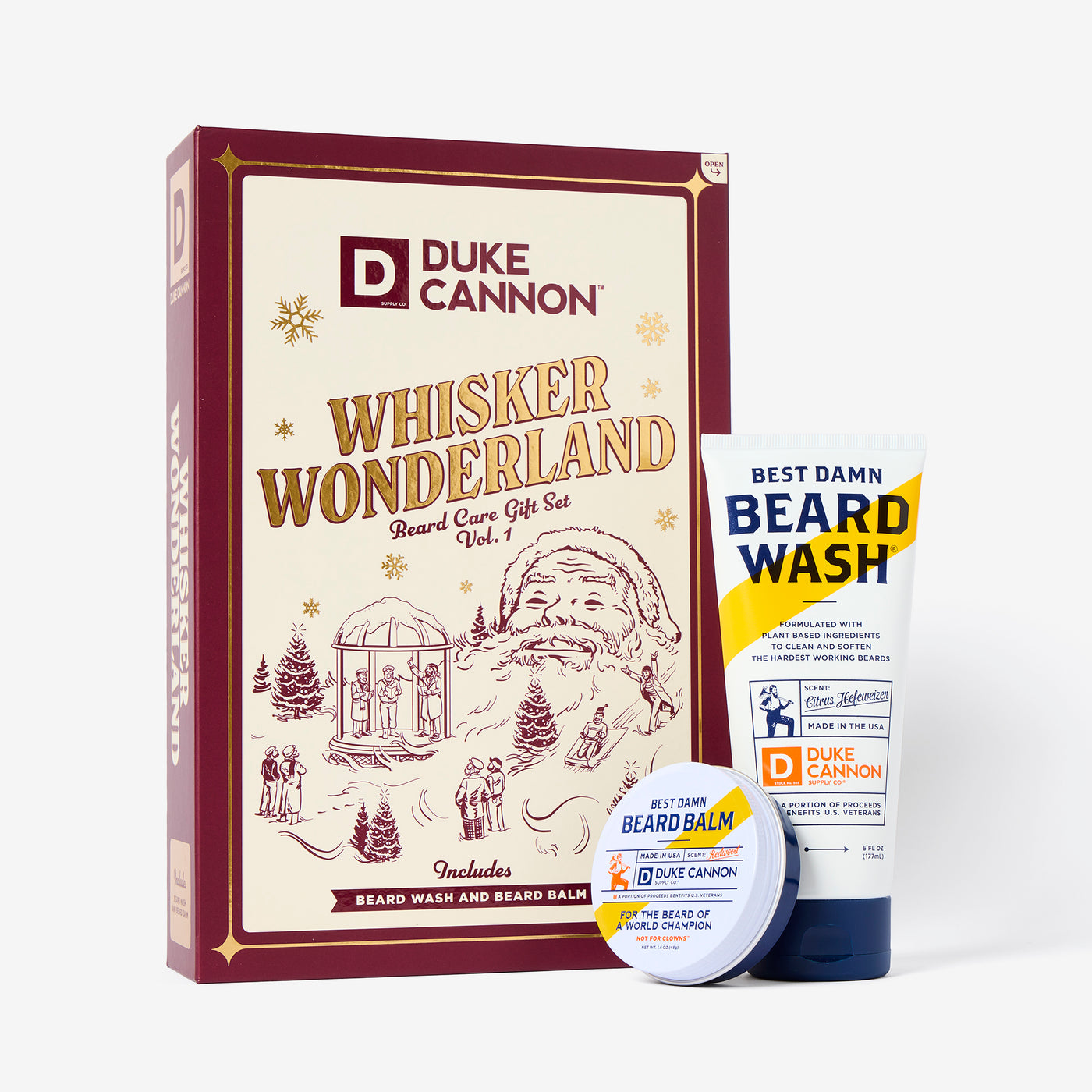 Duke Cannon Whisker Wonderland beard care gift set with beard wash, balm, and wash bar on a white background