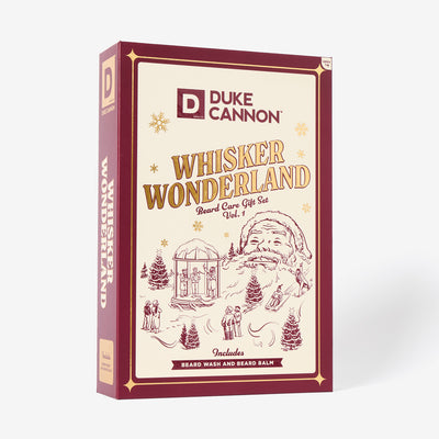 Duke Cannon Whisker Wonderland beard care gift set packaging on a white background