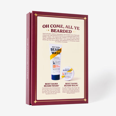 Product packaging for 'Best Damn Beard' with text and images of beard care products on a white background. Says, "Oh Come, All Ye Bearded"