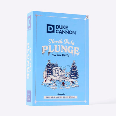 Duke Cannon North Pole Plunge Bar Soap Gift Set with a Midway Bar Soap, a  Midnight Swim Bar, a Superior Bar and a Buffalo Trace Bourbon bar on a white background.