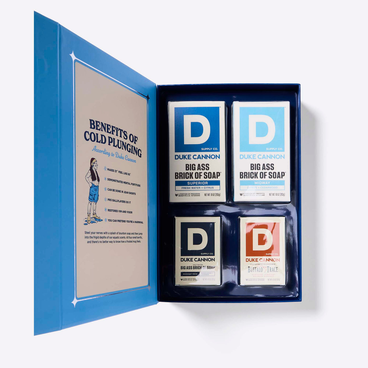 The inside of the Duke Cannon Naughty & Nice Bar Soap Gift Set with a Midway Bar Soap, a Midnight Swim Bar, a Superior Bar and a Buffalo Trace Bourbon bar on a white background.
