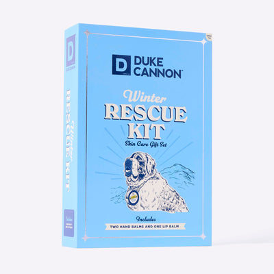 Duke Cannon Winter Rescue Kit Skin Care Gift Set set with Bloody Knuckles Hand Repair Balm, balm and Lip Balm on a white background