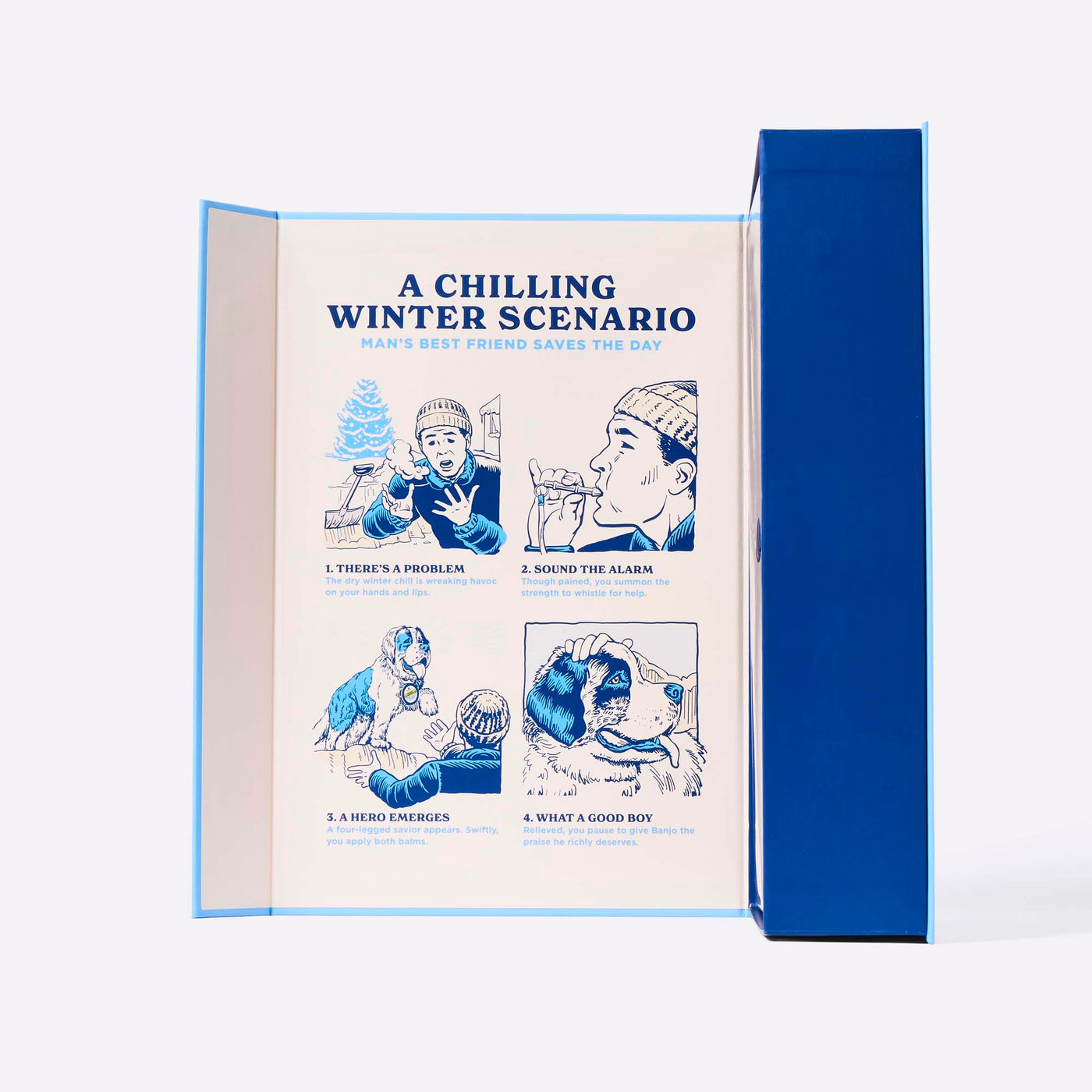 Inside of the gift set with illustrations and text on a white background. Says, 