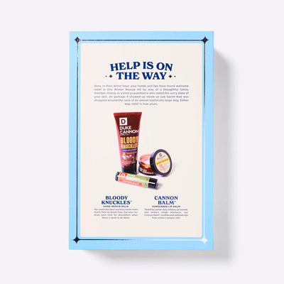 The back of the Duke Cannon Winter Rescue Kit Skin Care Gift Set set with Bloody Knuckles Hand Repair Balm, balm and Lip Balm on a white background.