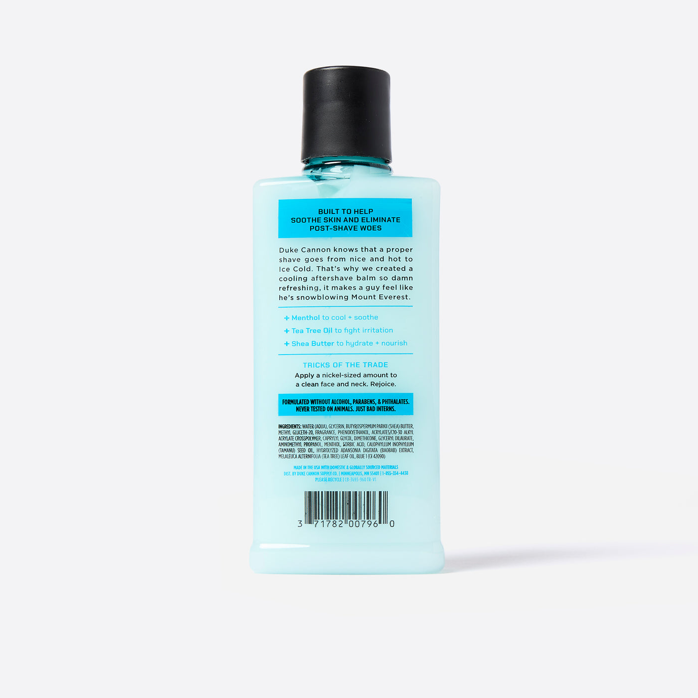 Back of the Bottle of aftershave with a label on a white background. Built to help soothe skin and eliminate post-shave woes.